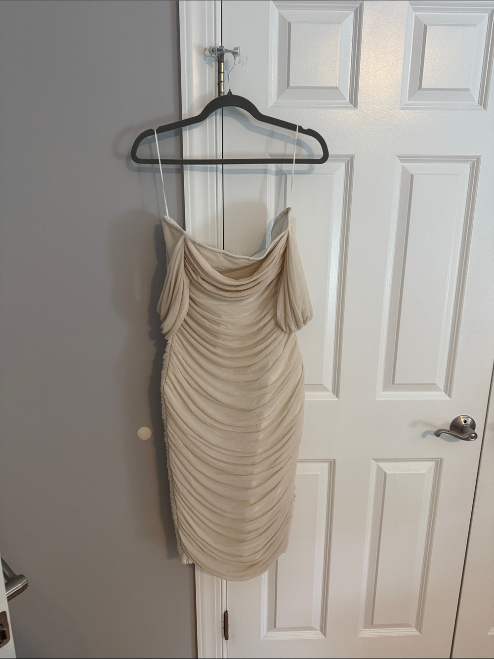 Fashion Nova Cream Strapless Ruched Cocktail Dress
